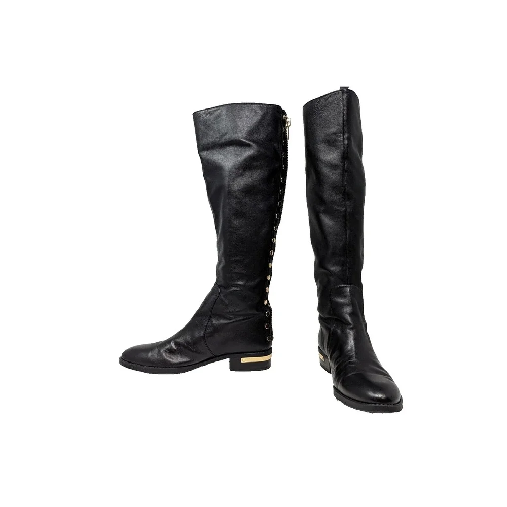 Vince Camuto Riding Boots Black Leather Gold Studded Parshell Women's Size 7.5 - Picture 3 of 9